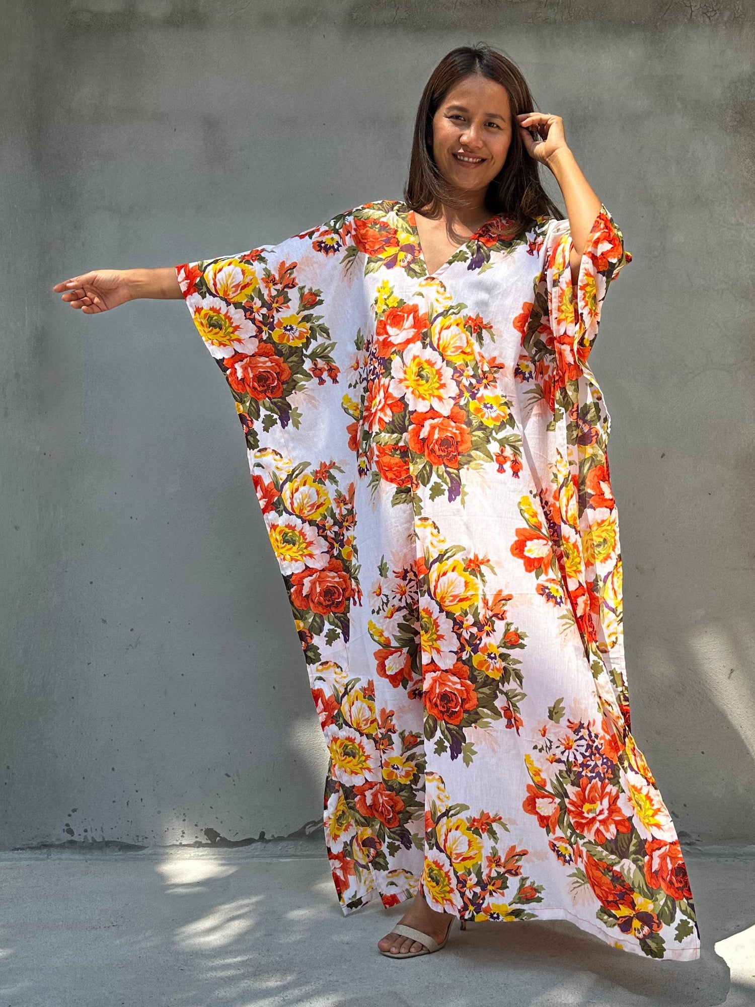 Evelyn Cotton Kaftan in White & Orange Floral