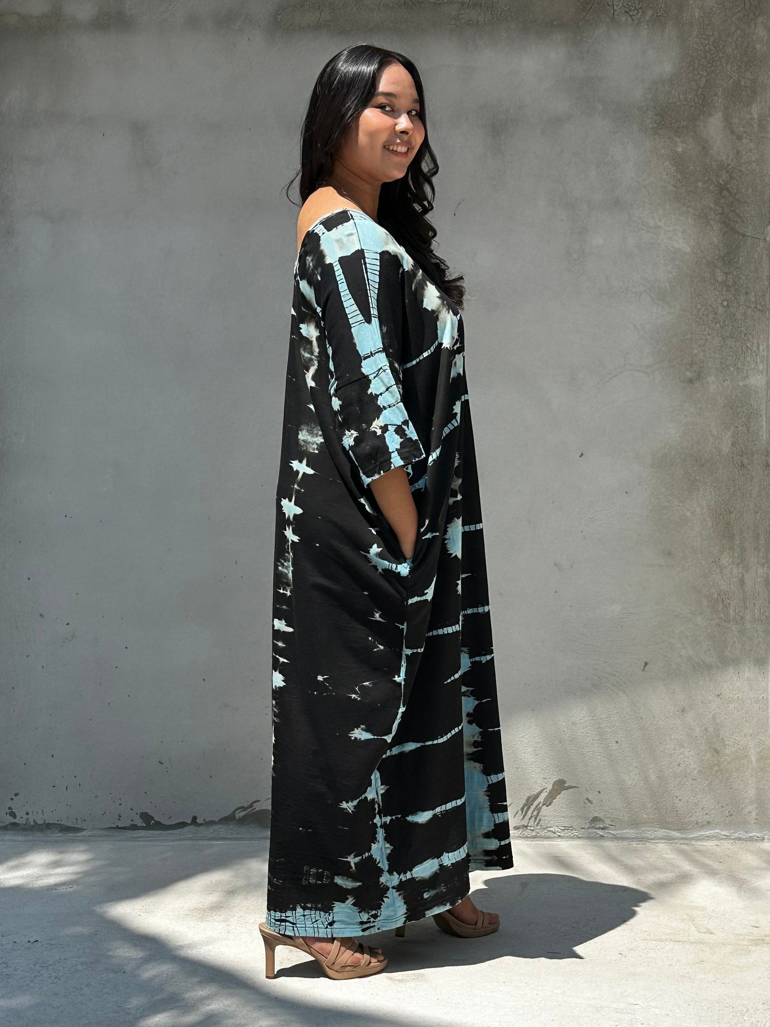Olivia Cotton Kaftan in Black and Blue Tie Dye
