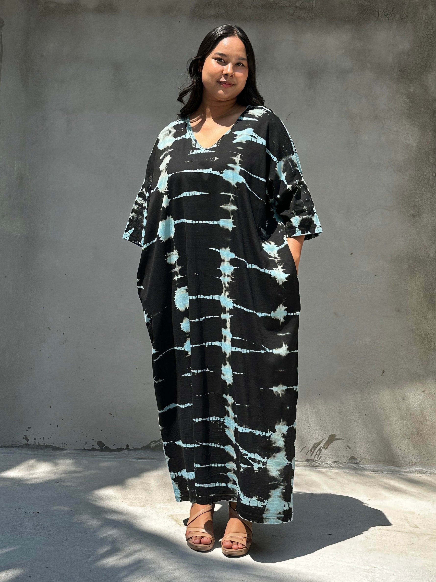 Olivia Black and Blue Tie Dye Kaftan front view