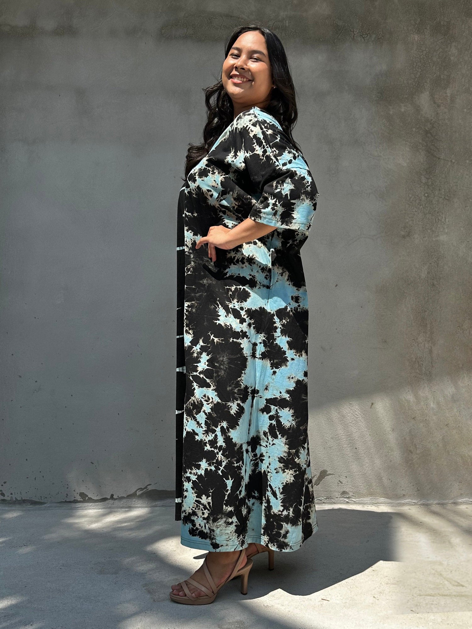 Olivia Cotton Kaftan in Black and Aqua Tie Dye