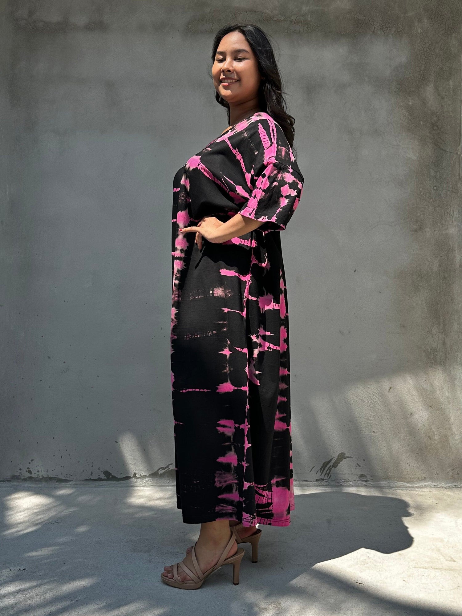Olivia Cotton Kaftan in Black and Fuchsia Tie Dye