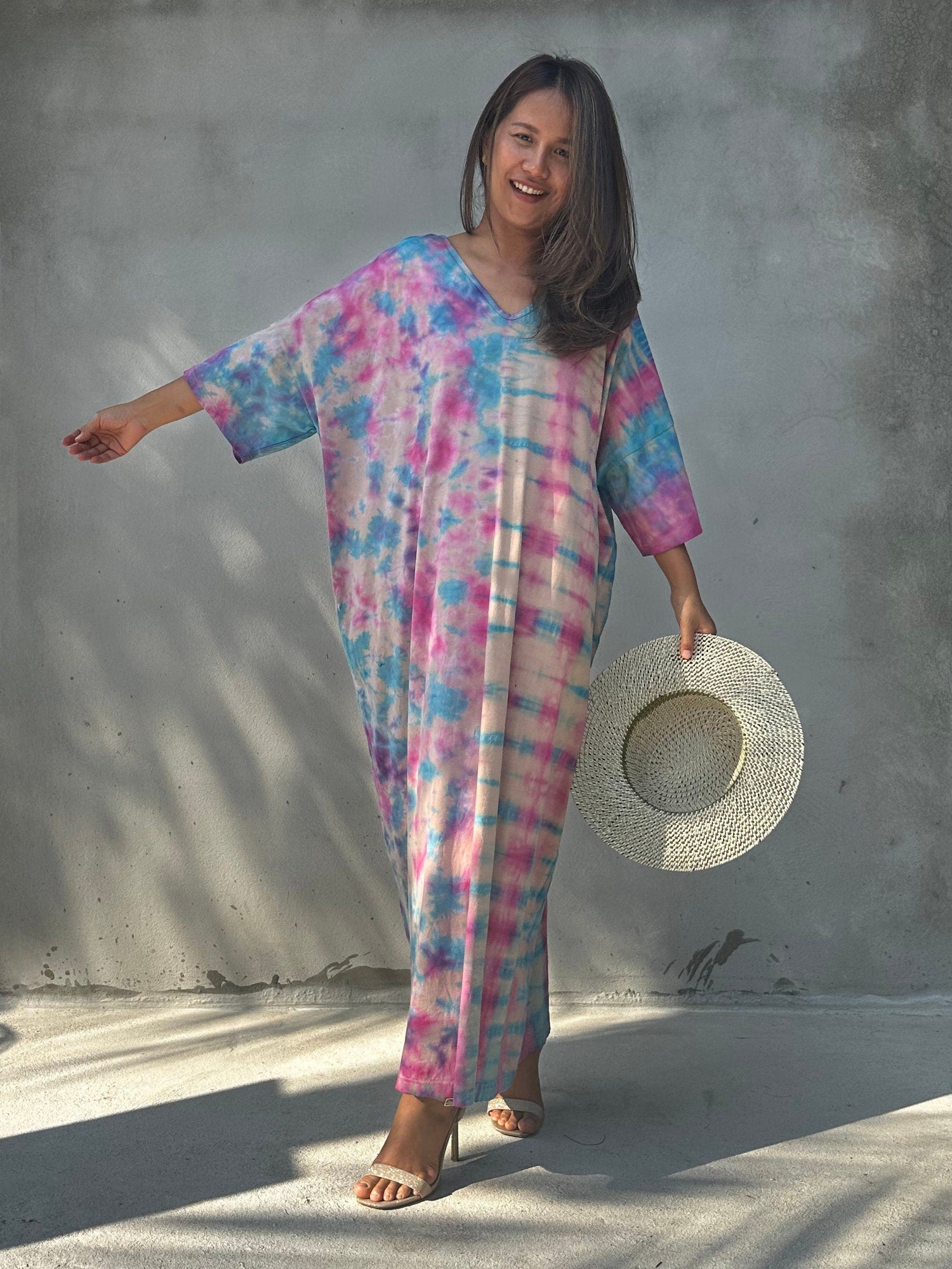 Olivia Bubblegum and Rainbow Tie Dye Kaftan front view