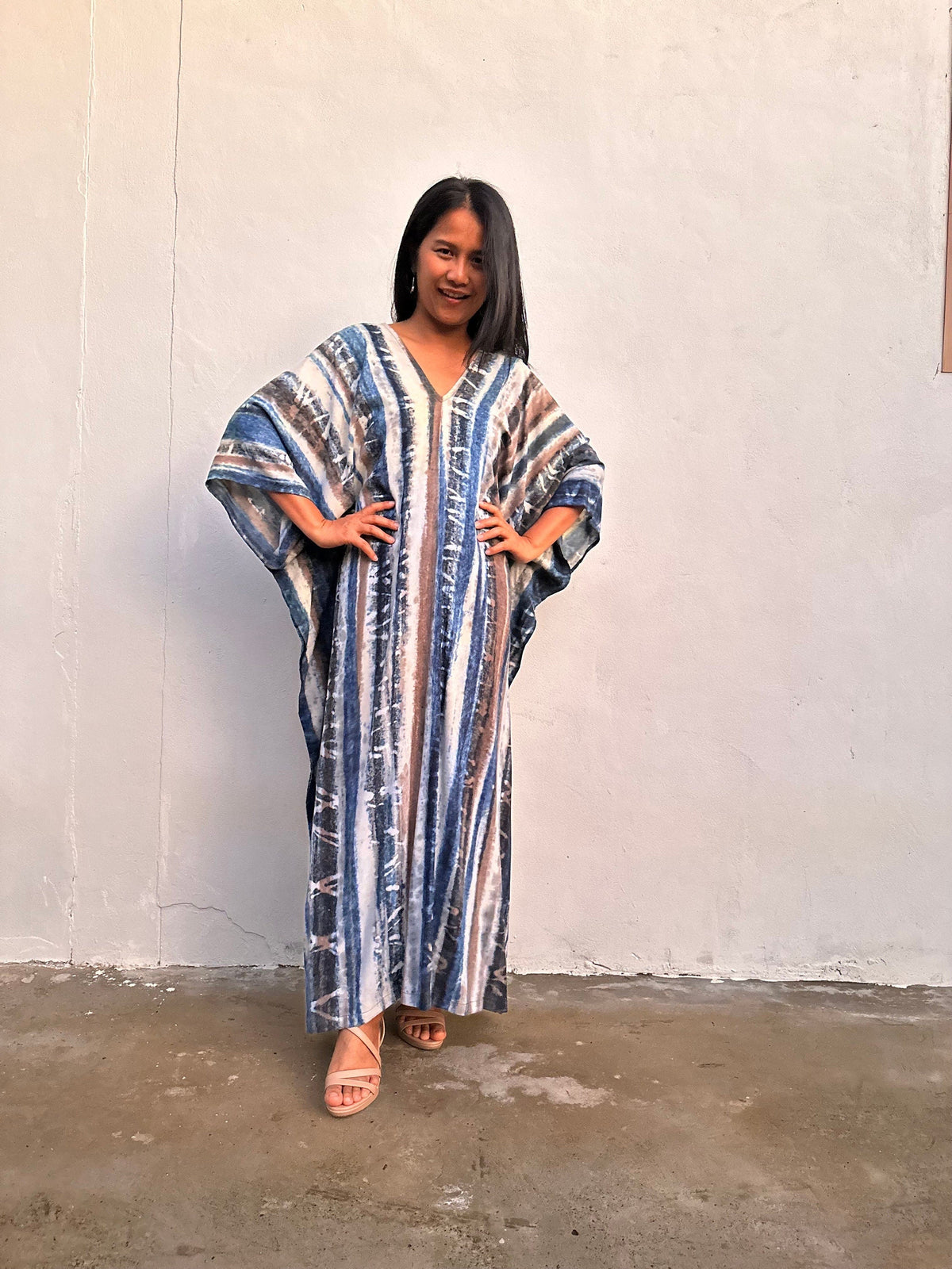 Amina Blueberry blue and Black Striped Kaftan front view