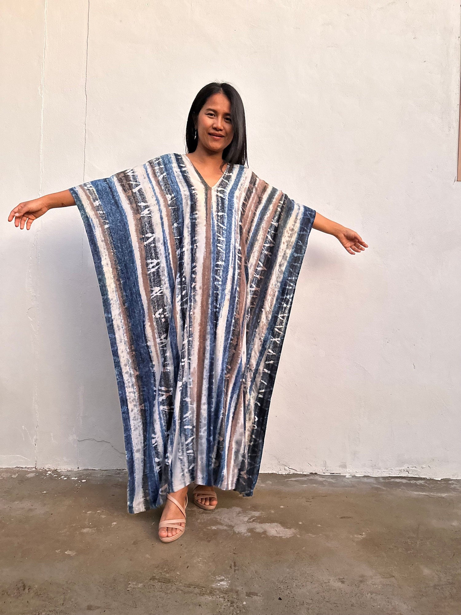Amina Hand-Painted Kaftan - Blueberry Blue and Black Striped Pattern