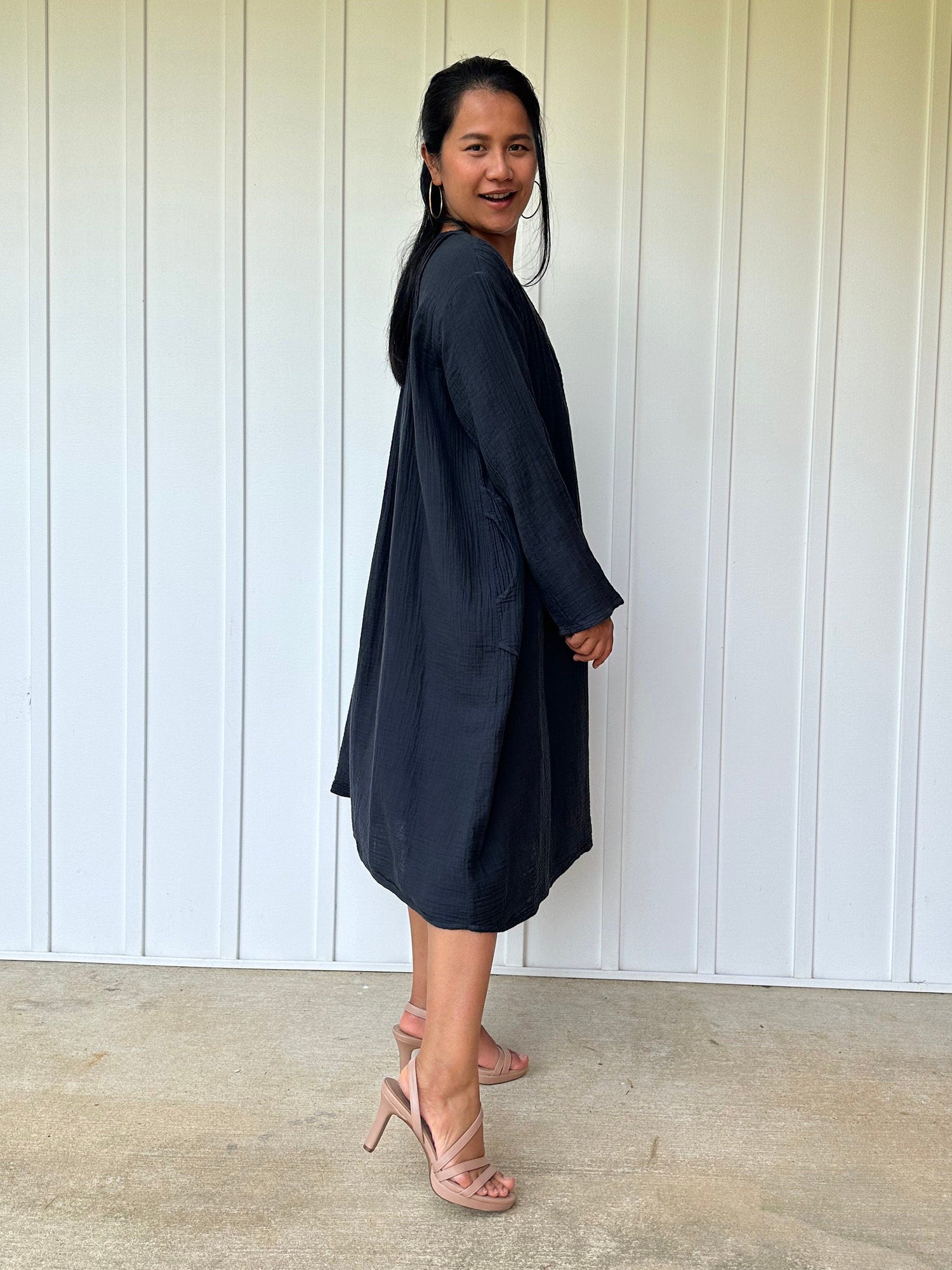 Bree Double Gauze Cotton Dress in Black