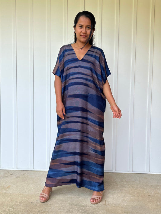 Ikat Hand Woven Pattern Kaftan in Indigo Blue
