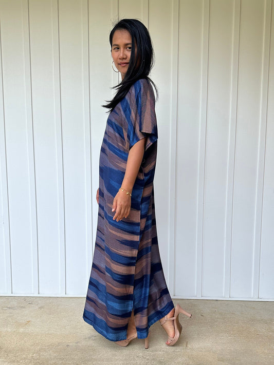 Ikat Hand Woven Pattern Kaftan in Indigo Blue