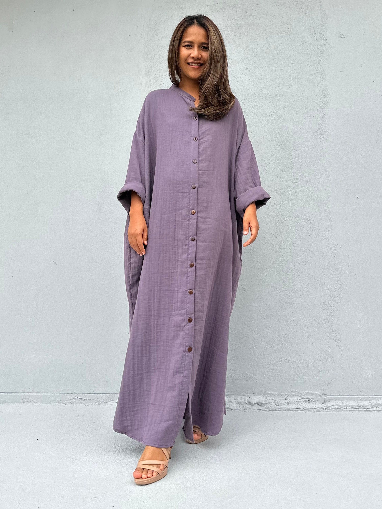 Aura Double Gauze Cotton Maxi Shirt Dress in Lavender