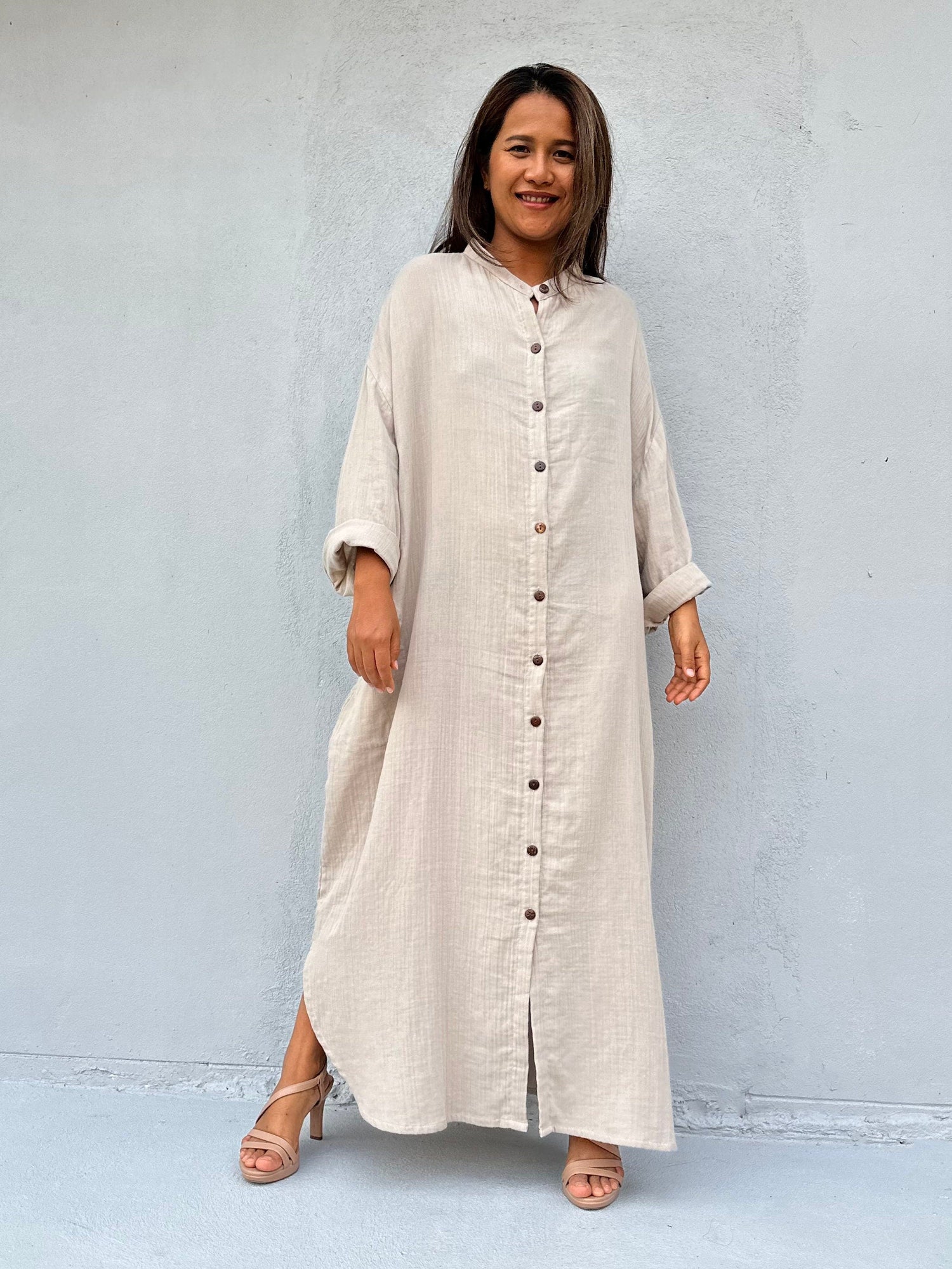 Aura Maxi Linen Shirt Dress in Cream