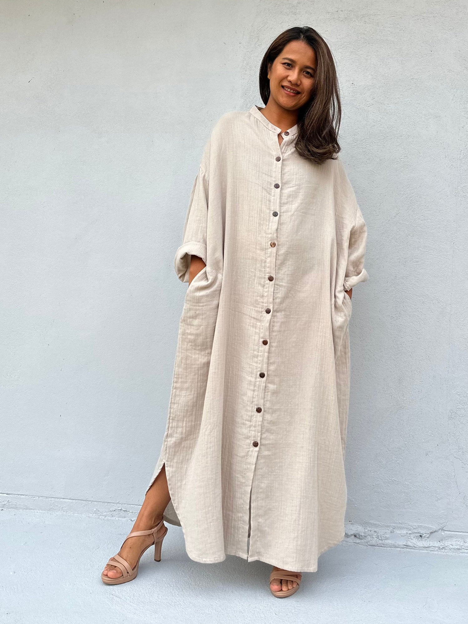 Aura Maxi Linen Shirt Dress in Cream