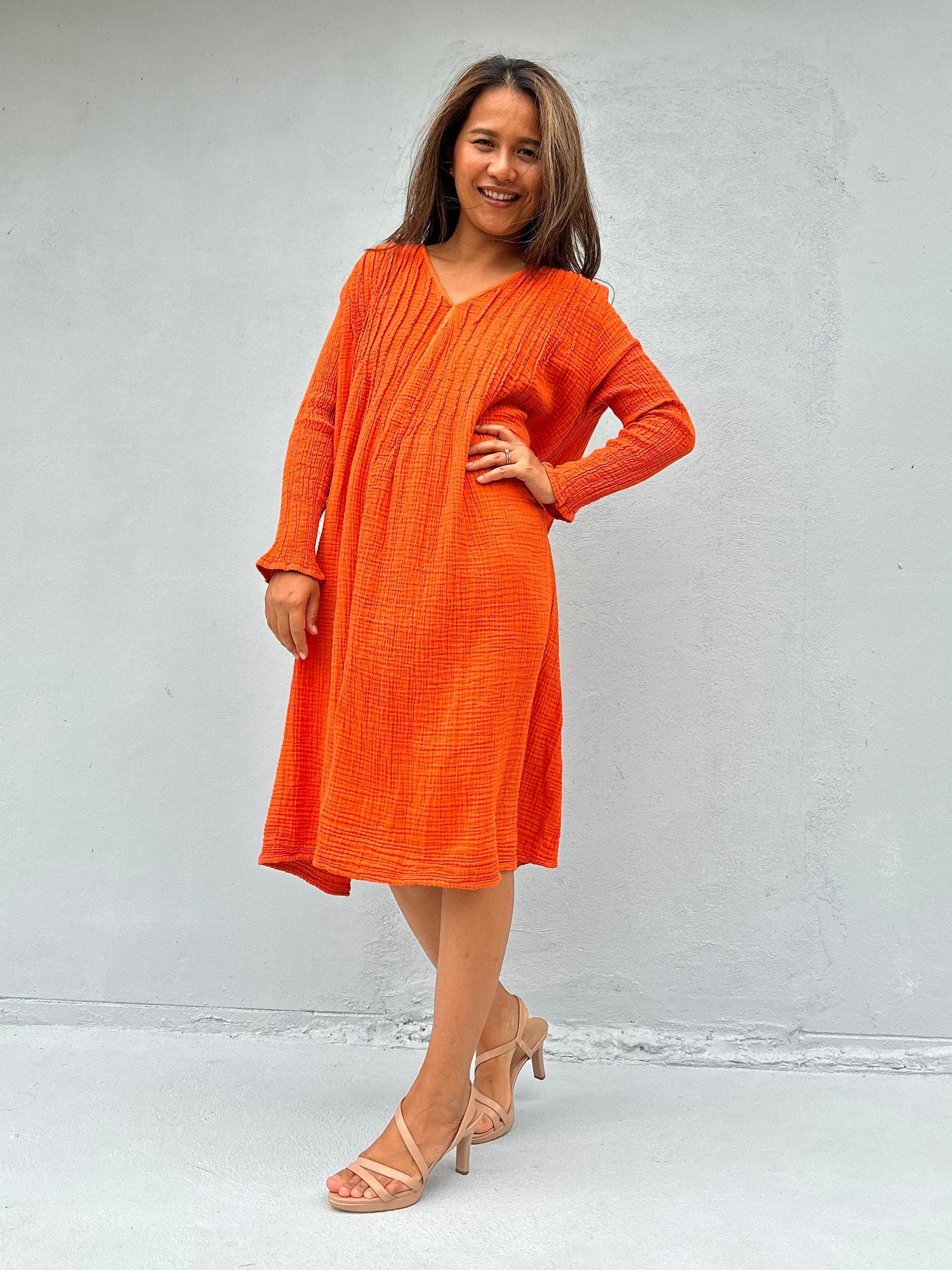 Bree Double Gauze Cotton Dress in Tangerine