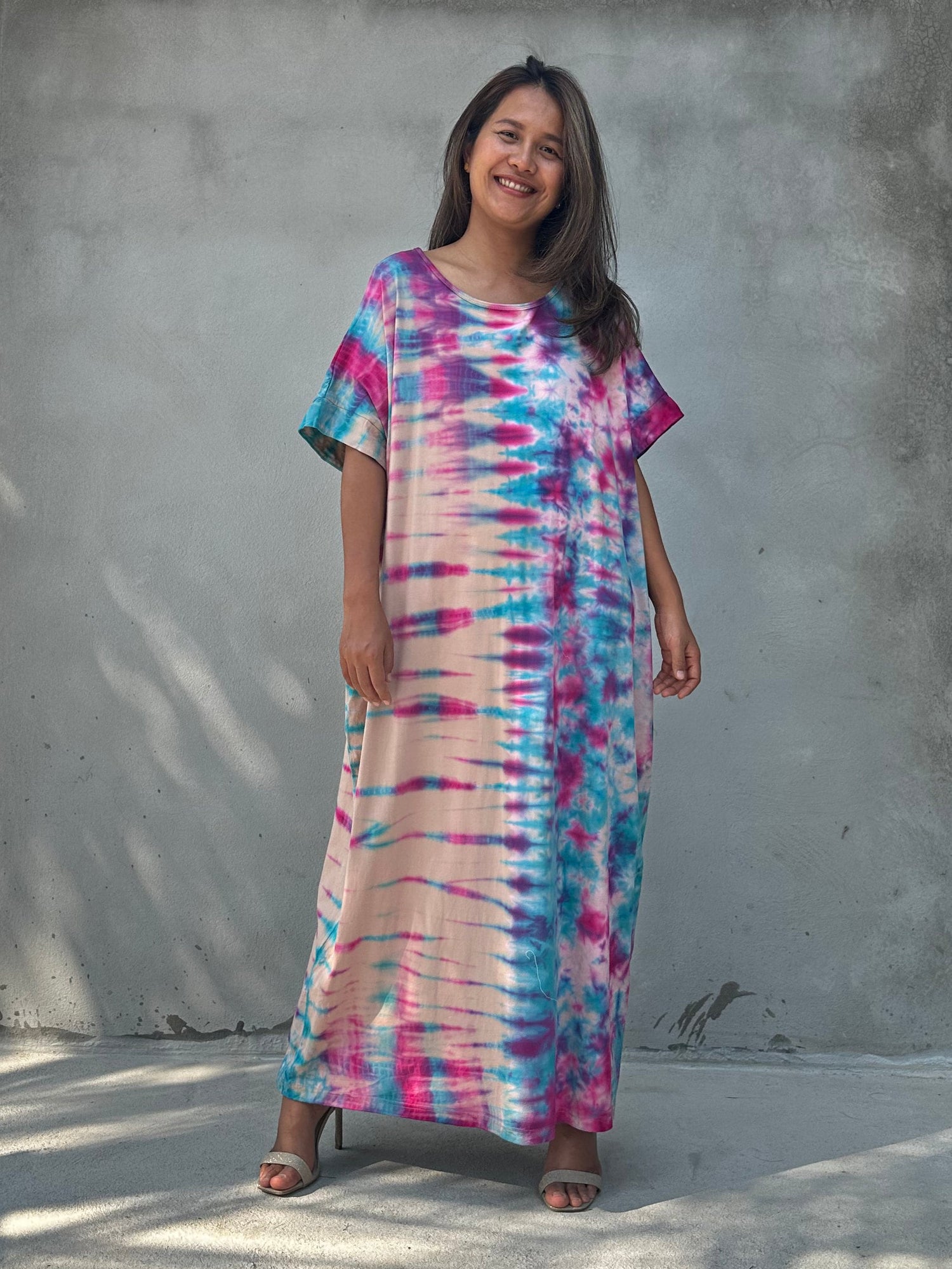 Alice aqua peach fuchsia Rainbow Tie Dye Kaftan front view
