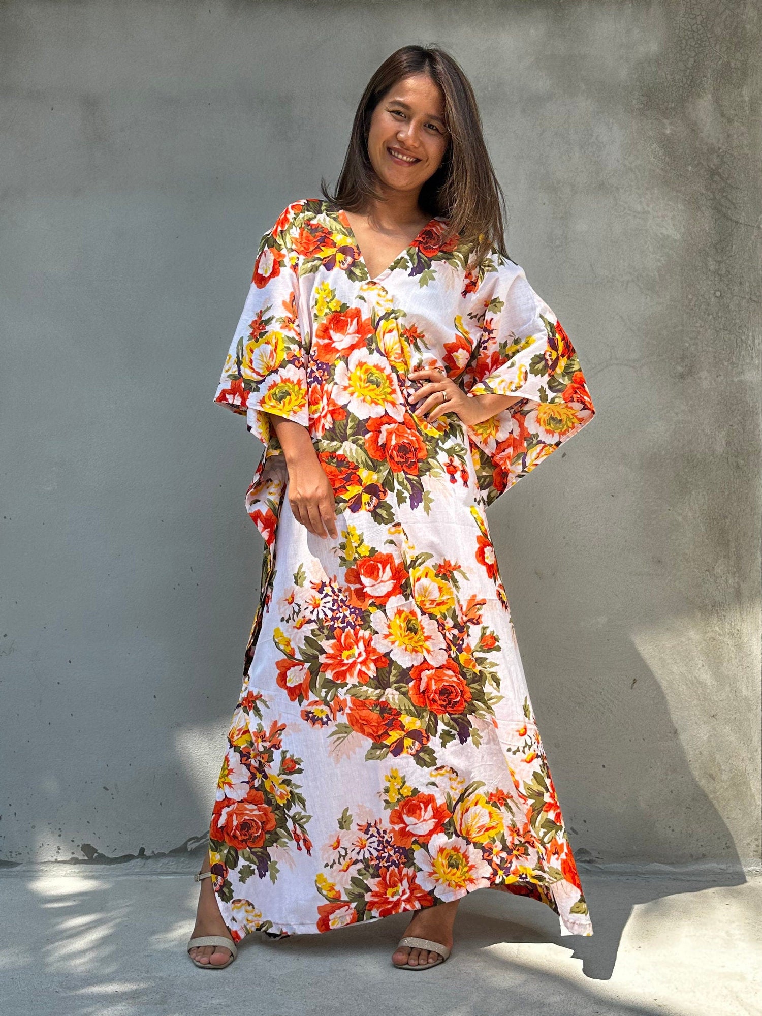 Evelyn Cotton Kaftan in White & Orange Floral