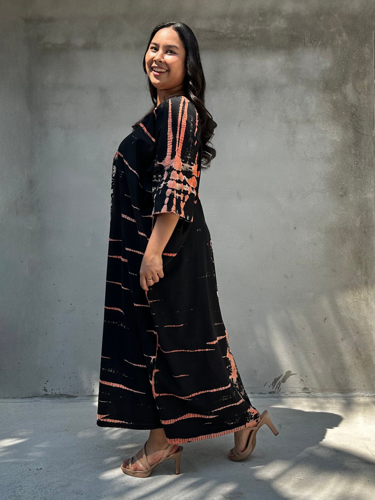 Olivia Cotton Kaftan in Black and Apricot Tie Dye