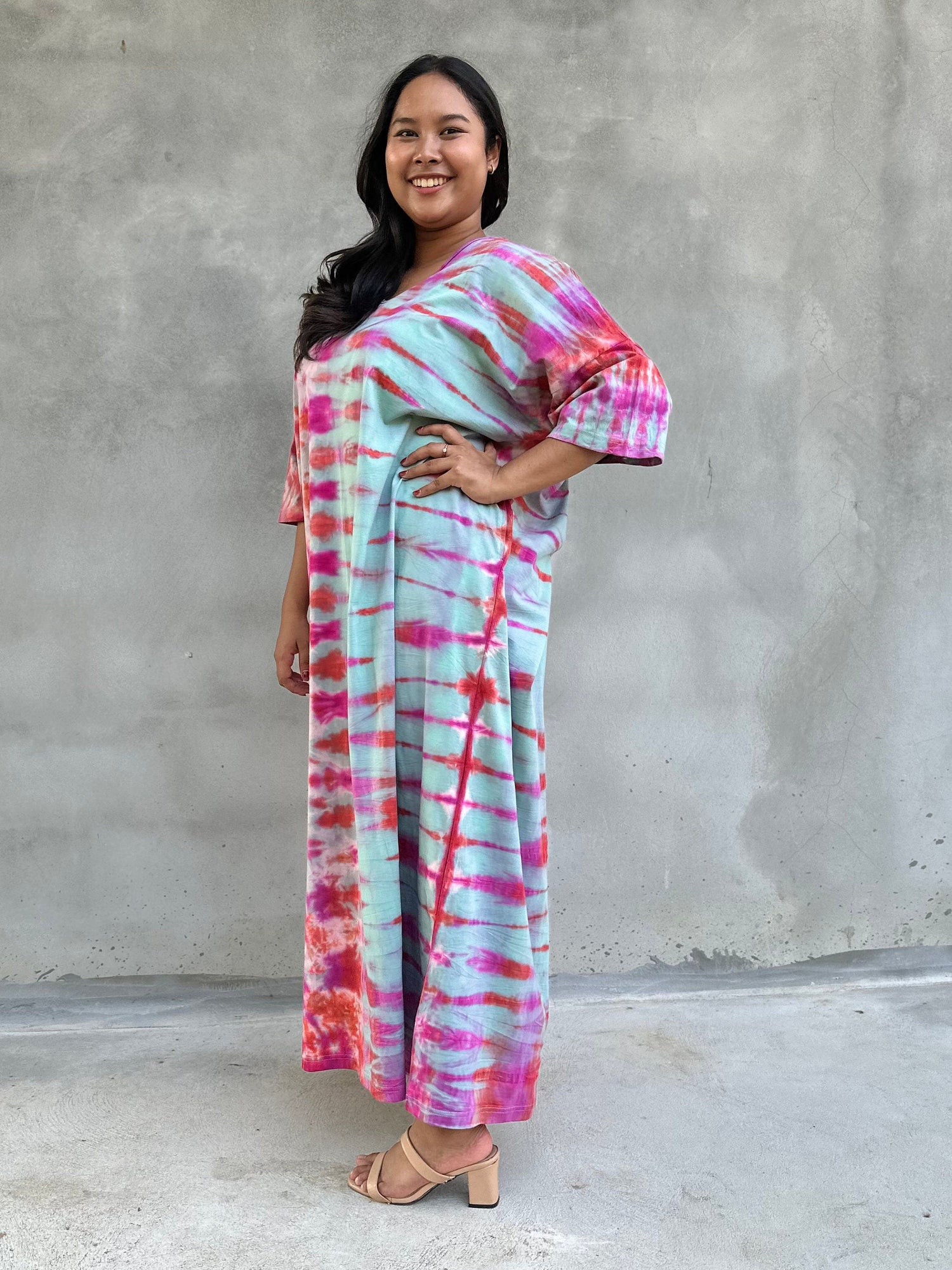 Olivia Cotton Kaftan in Fuchsia and Aqua Tie Dye