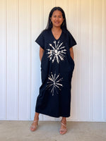Mala Handworks Alisa Petite Cotton Kaftan in Black with Hand-Painted Starburst