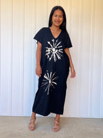 Mala Handworks Alisa Petite Cotton Kaftan in Black with Hand-Painted Starburst