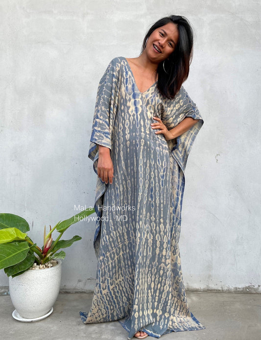 Mala Kaftan in Gray with Blue Tie Dye