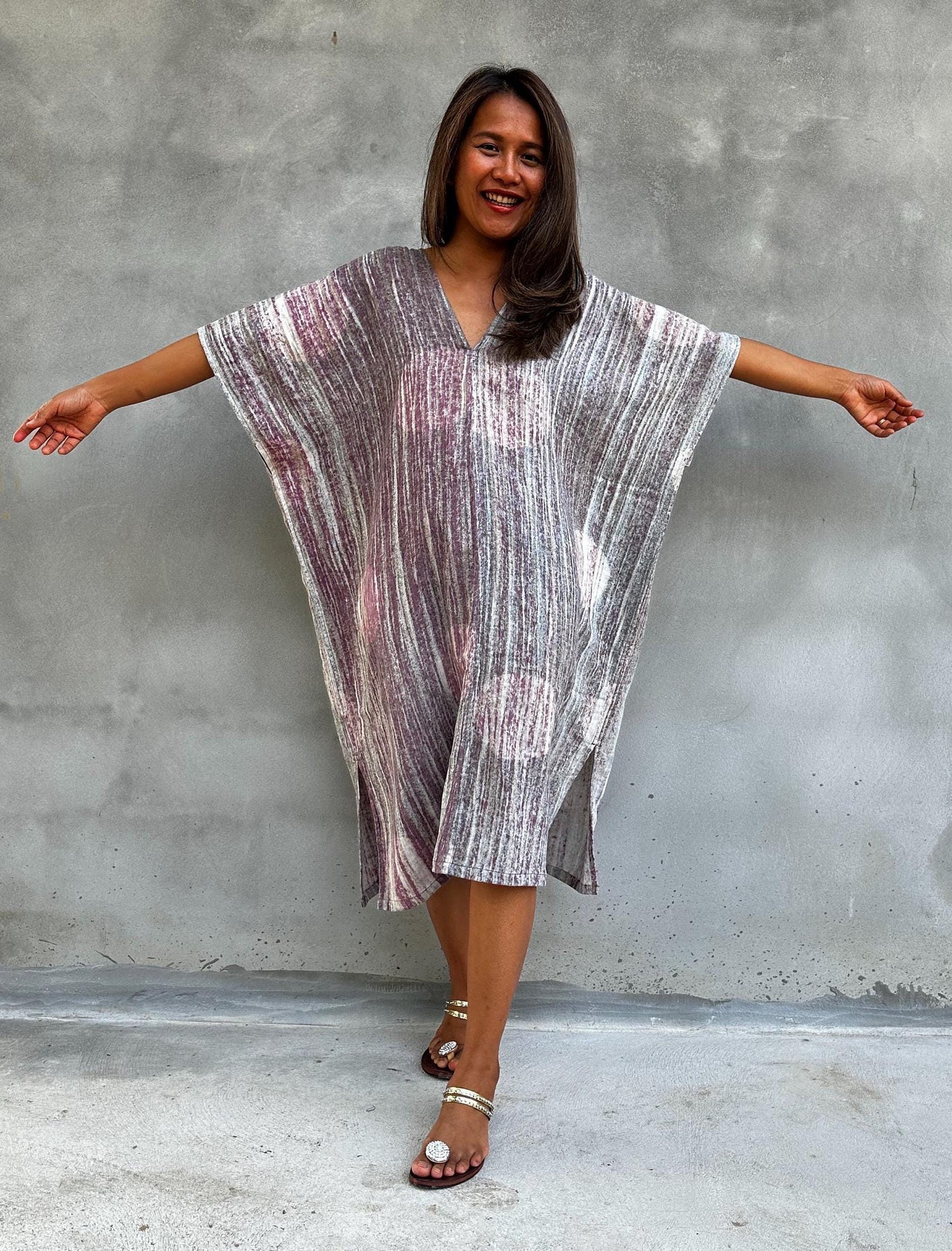 Skye Hand-Painted Cotton Kaftan in Mauve & Gray