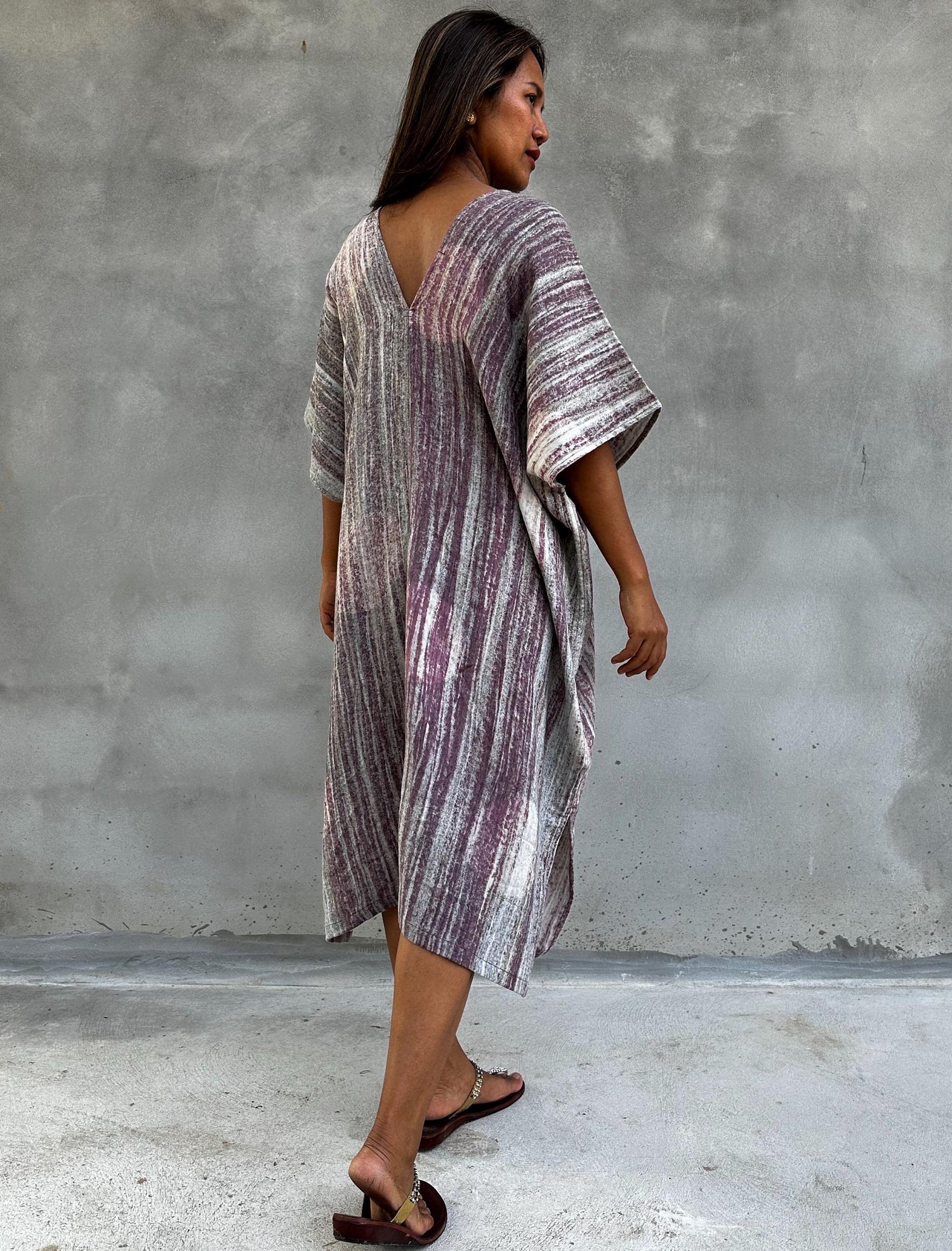 Skye Hand-Painted Cotton Kaftan in Mauve & Gray