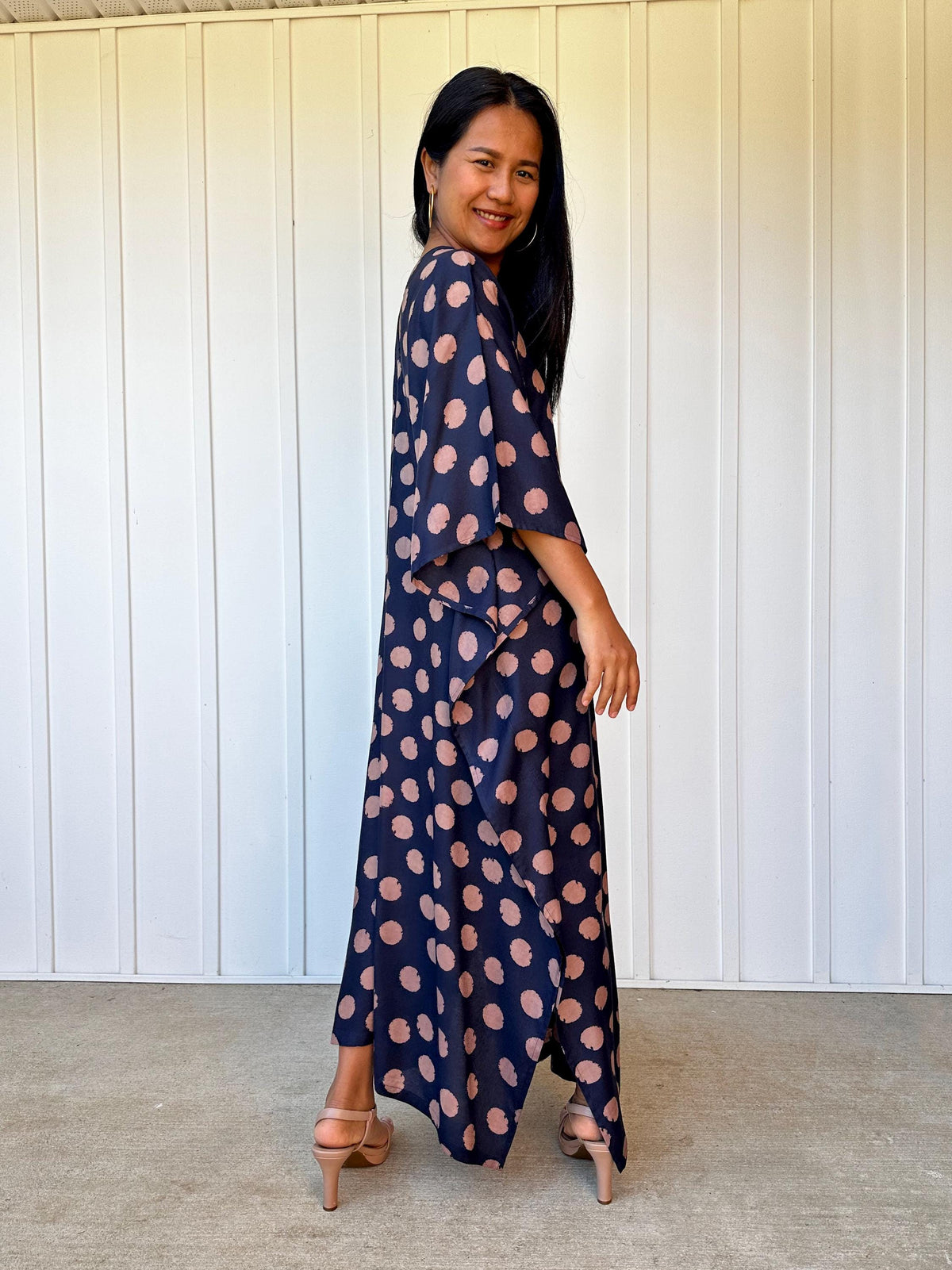 Mala Handworks Luna Polka Dot Kaftan in Navy and Pink