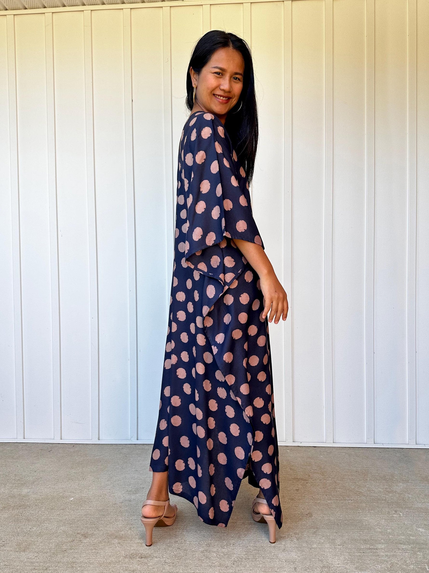 Mala Handworks Luna Polka Dot Kaftan in Navy and Pink
