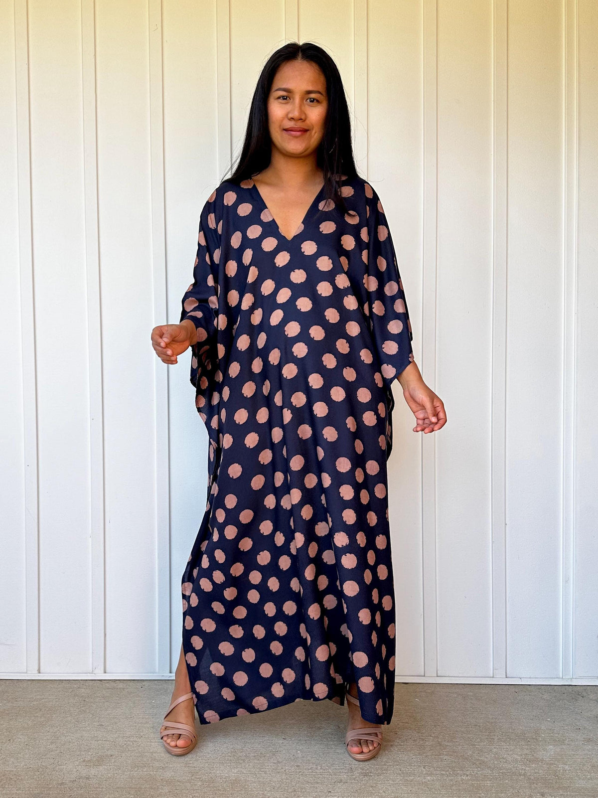 Mala Handworks Luna Polka Dot Kaftan in Navy and Pink