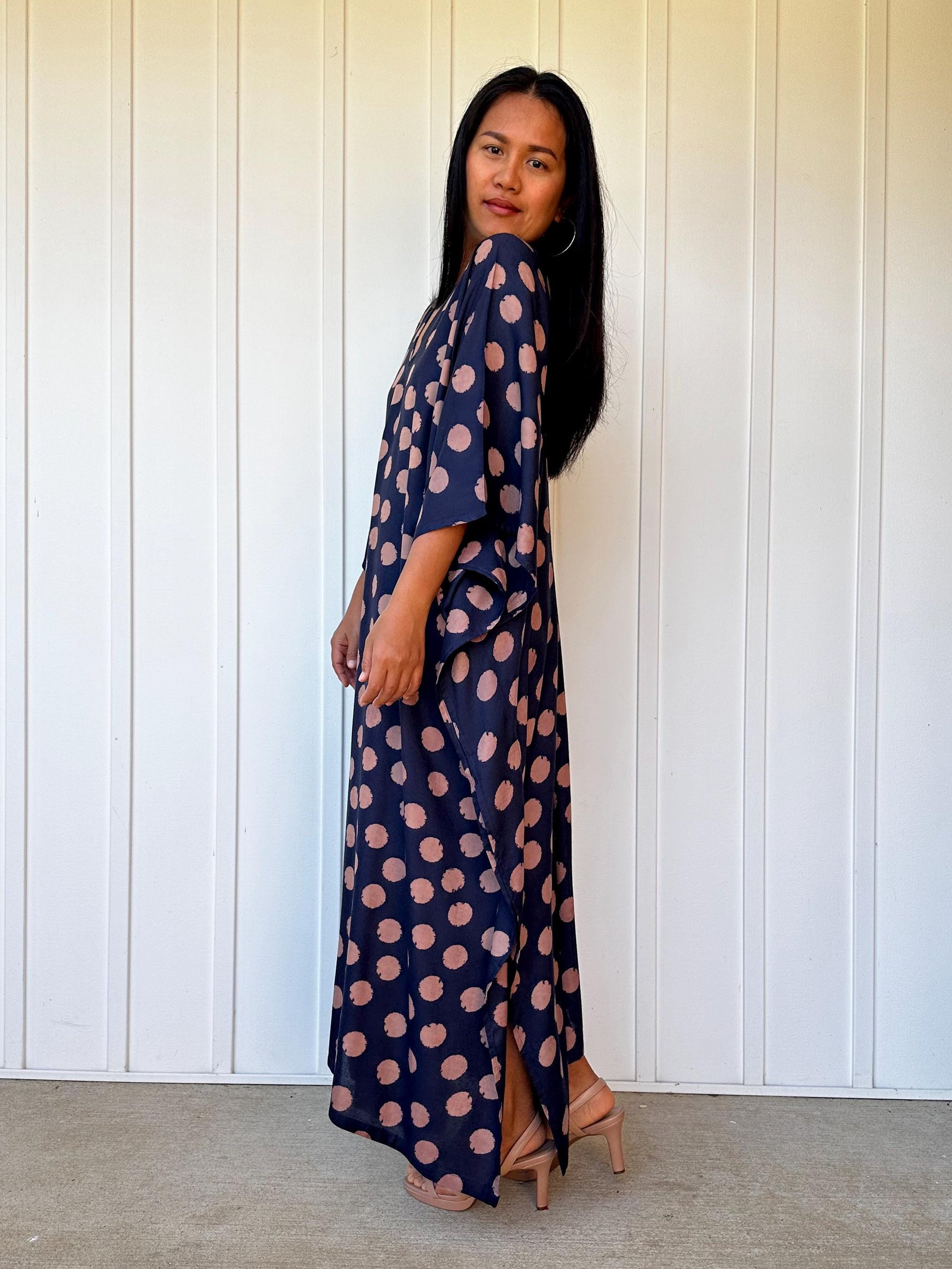Mala Handworks Luna Polka Dot Kaftan in Navy and Pink
