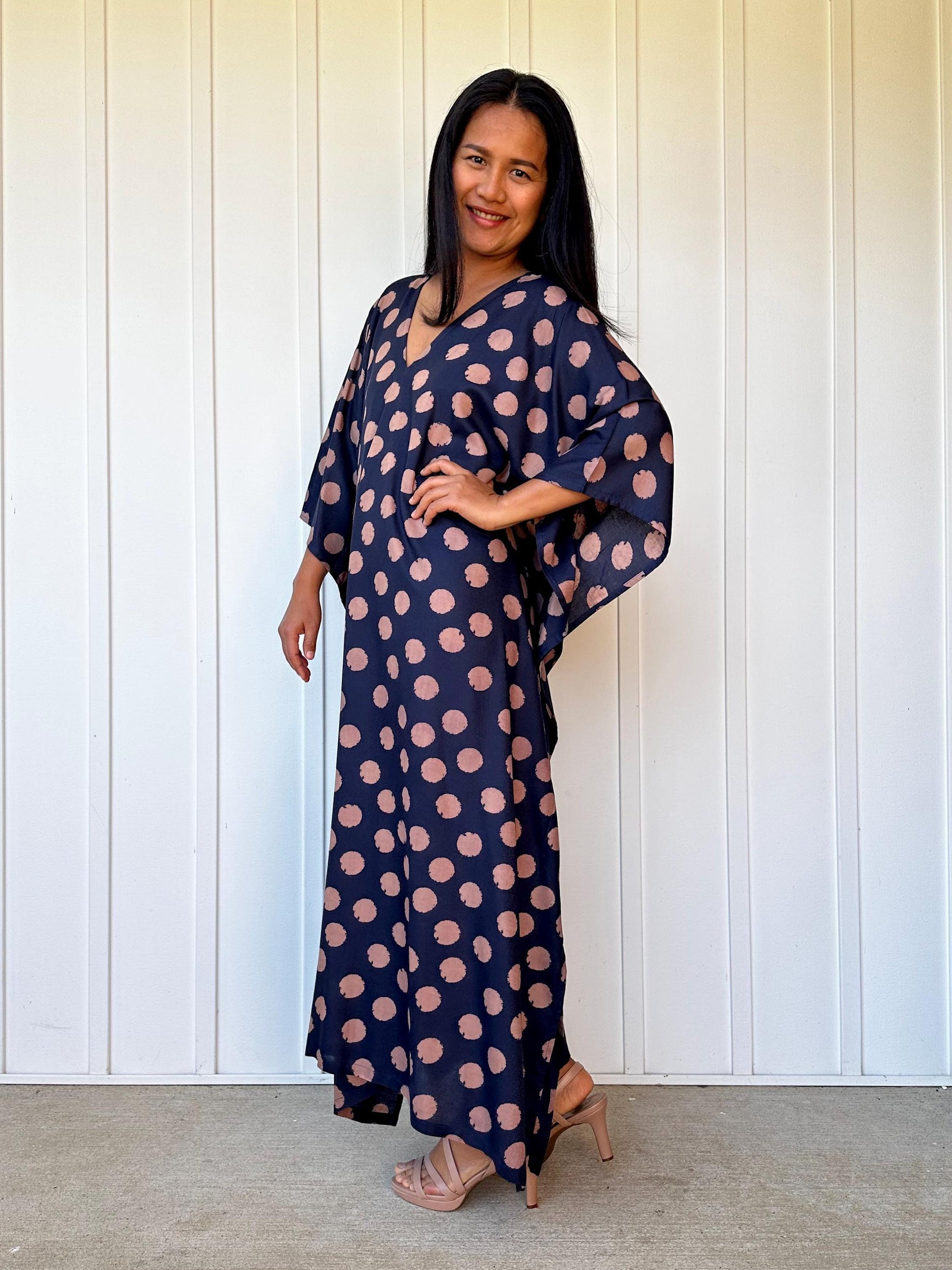 Mala Handworks Luna Polka Dot Kaftan in Navy and Pink