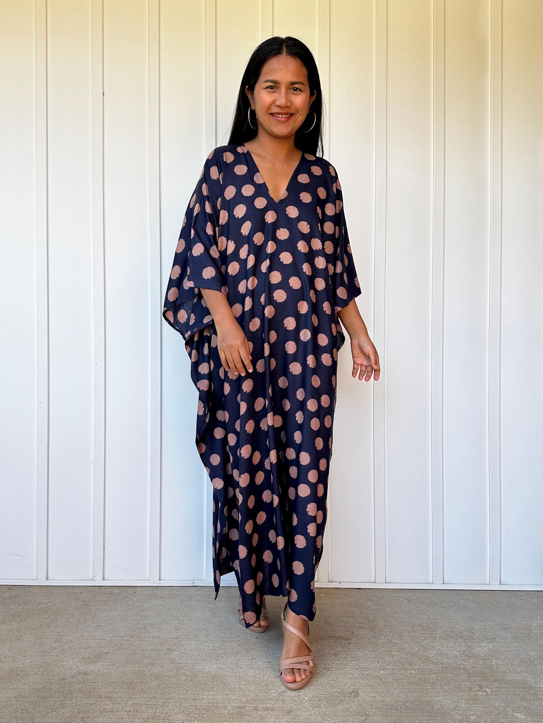 Mala Handworks Luna Polka Dot Kaftan in Navy and Pink