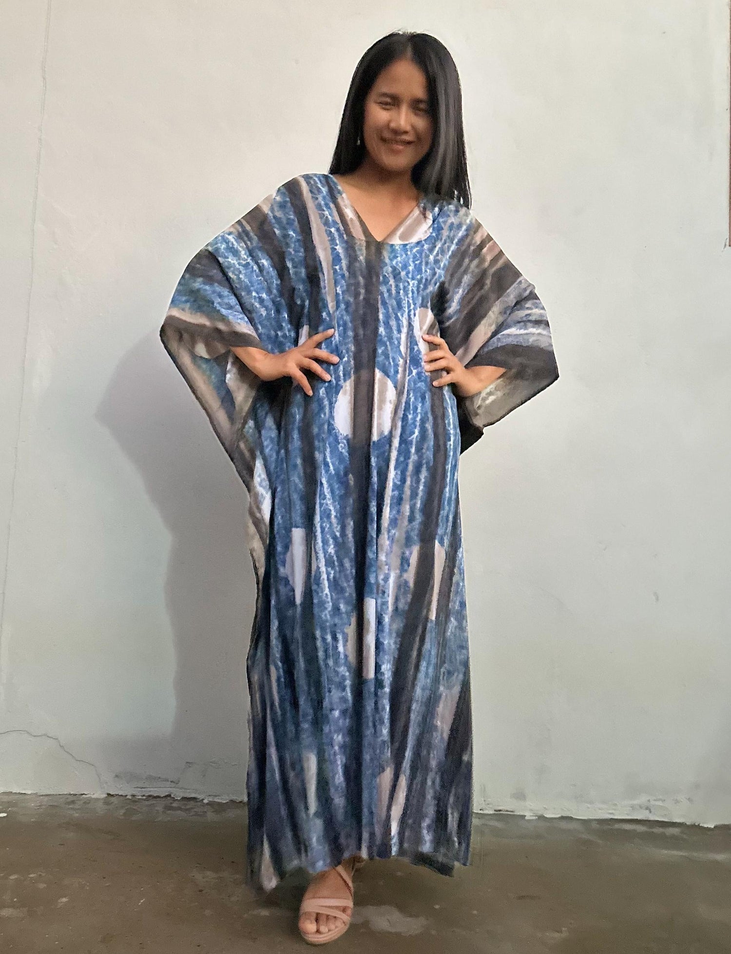 Amina Hand-Painted Kaftan - Blueberry Blue and Black Abstract Pattern