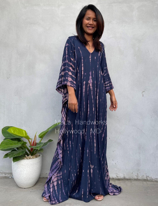 Mala Kaftan in Dark Blue with Purple Tie Dye