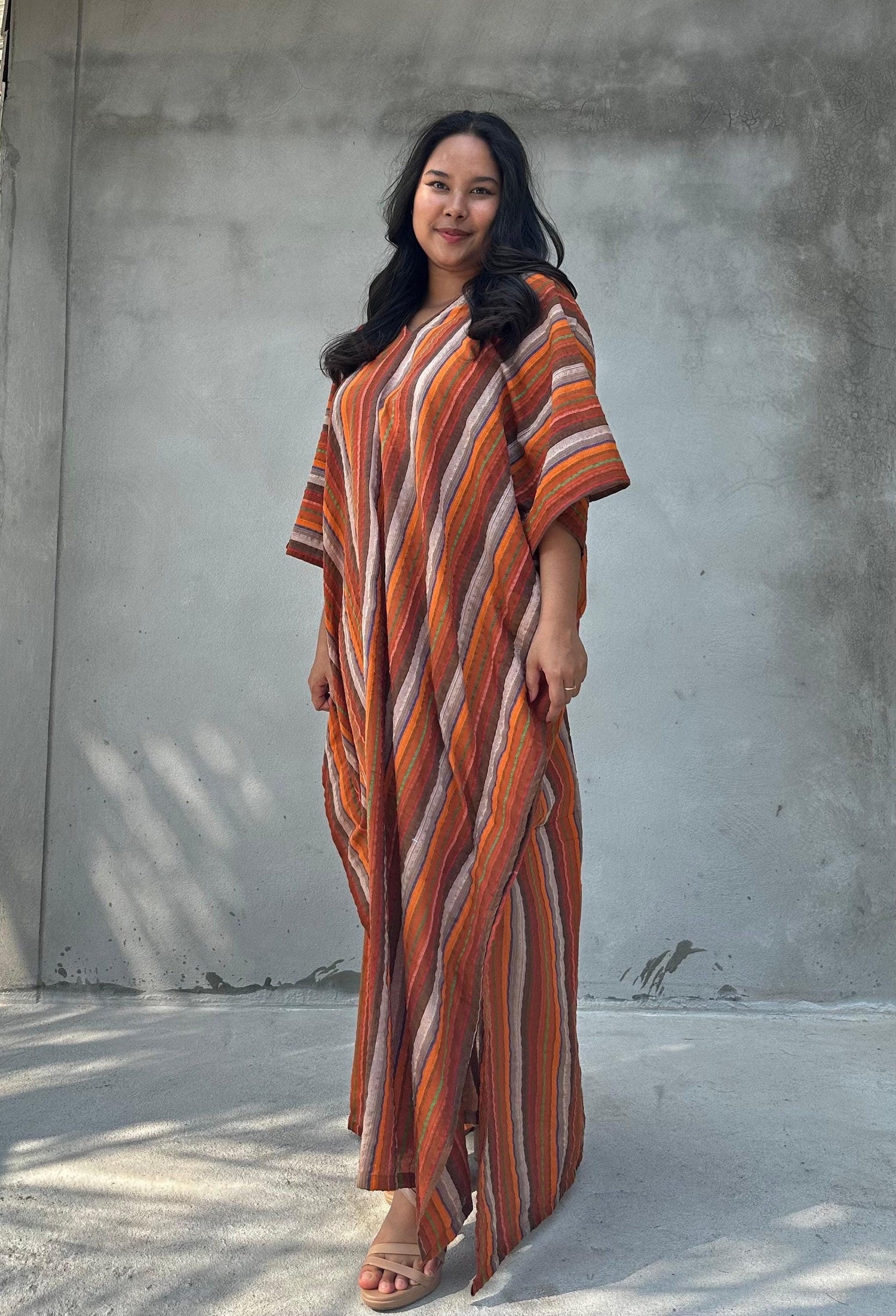 Ella Orange and Brown Striped Kaftan front view