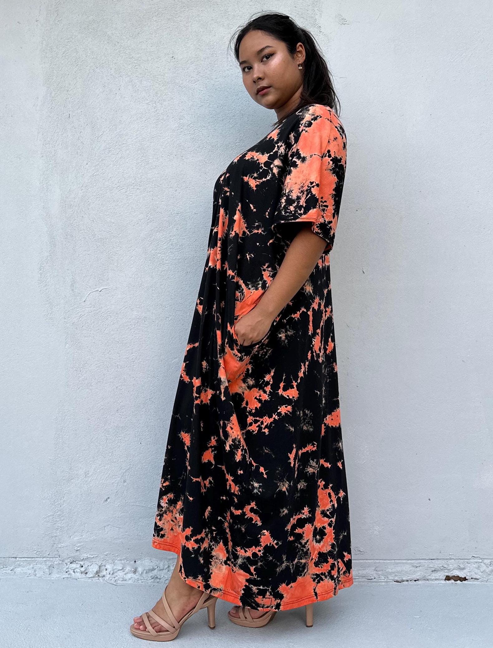 Mala Handworks Alisa Cotton Kaftan in Black & Orange Tie Dye