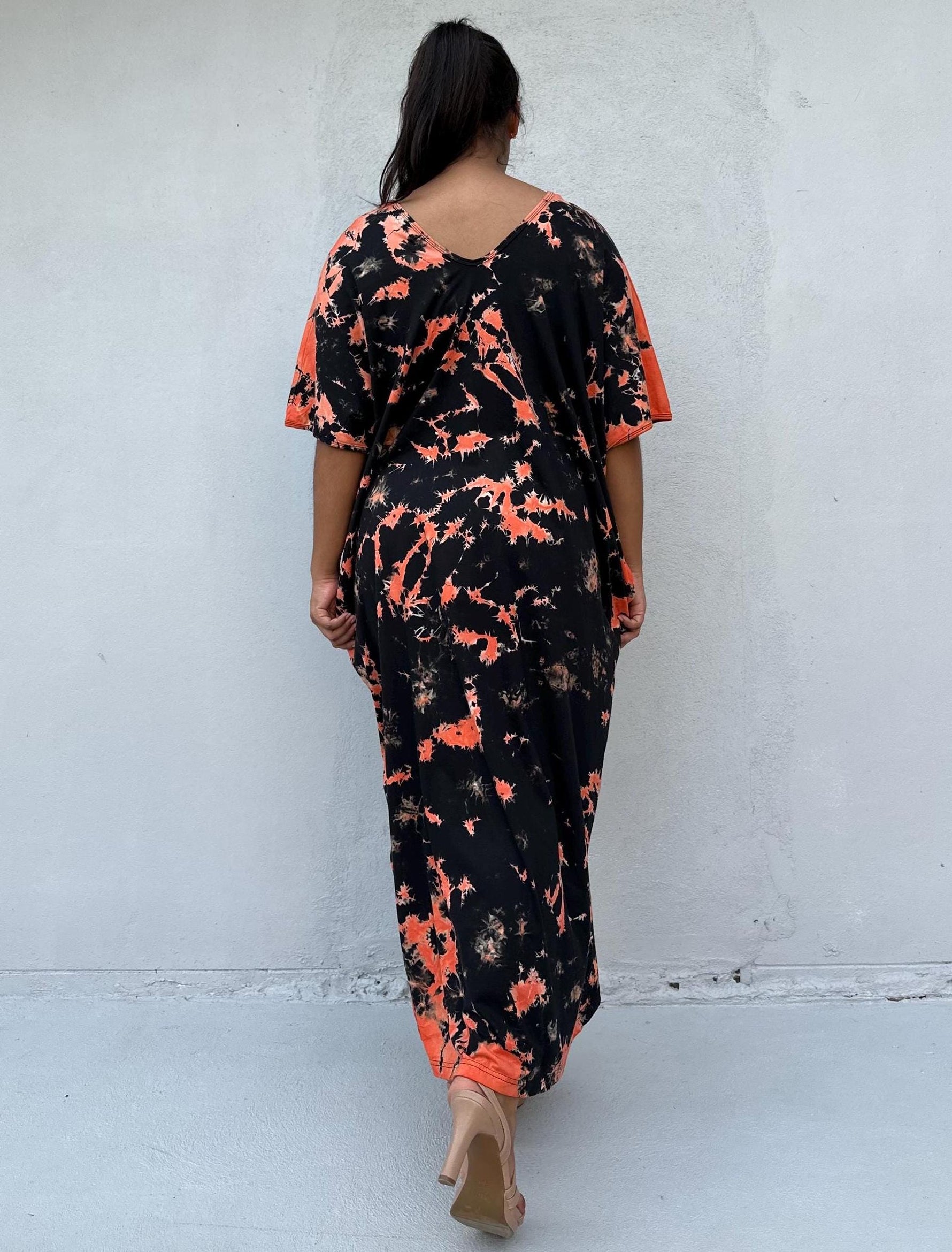 Mala Handworks Alisa Cotton Kaftan in Black & Orange Tie Dye