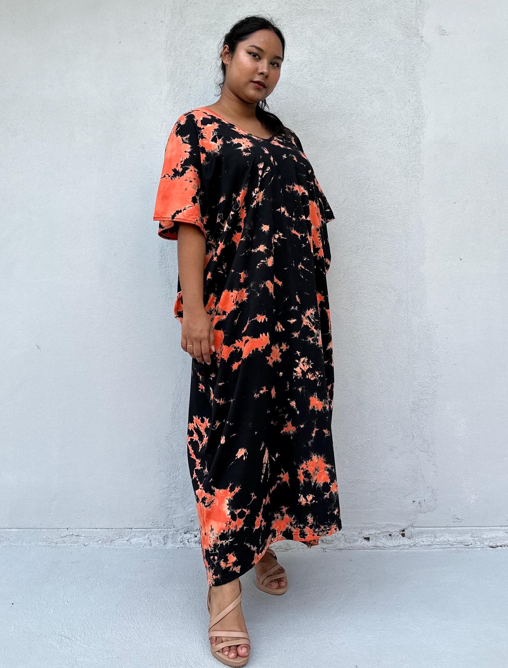 Mala Handworks Alisa Cotton Kaftan in Black & Orange Tie Dye