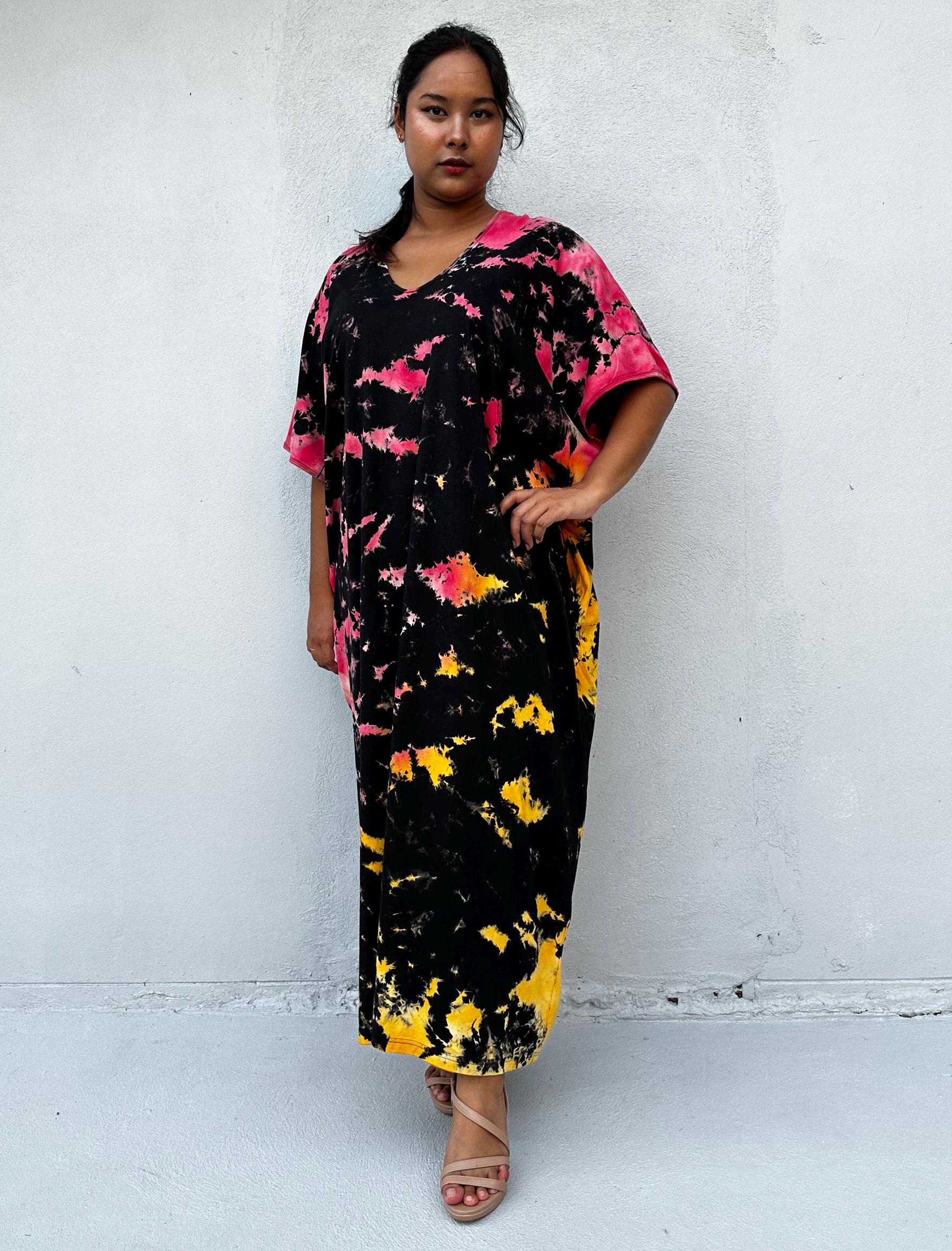 Mala Handworks Alisa Cotton Kaftan in Black Rainbow Tie Dye