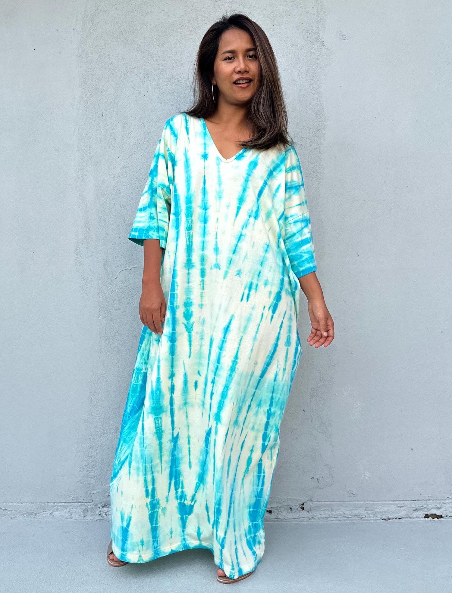 Olivia Cotton Kaftan in Aqua and White Tie Dye