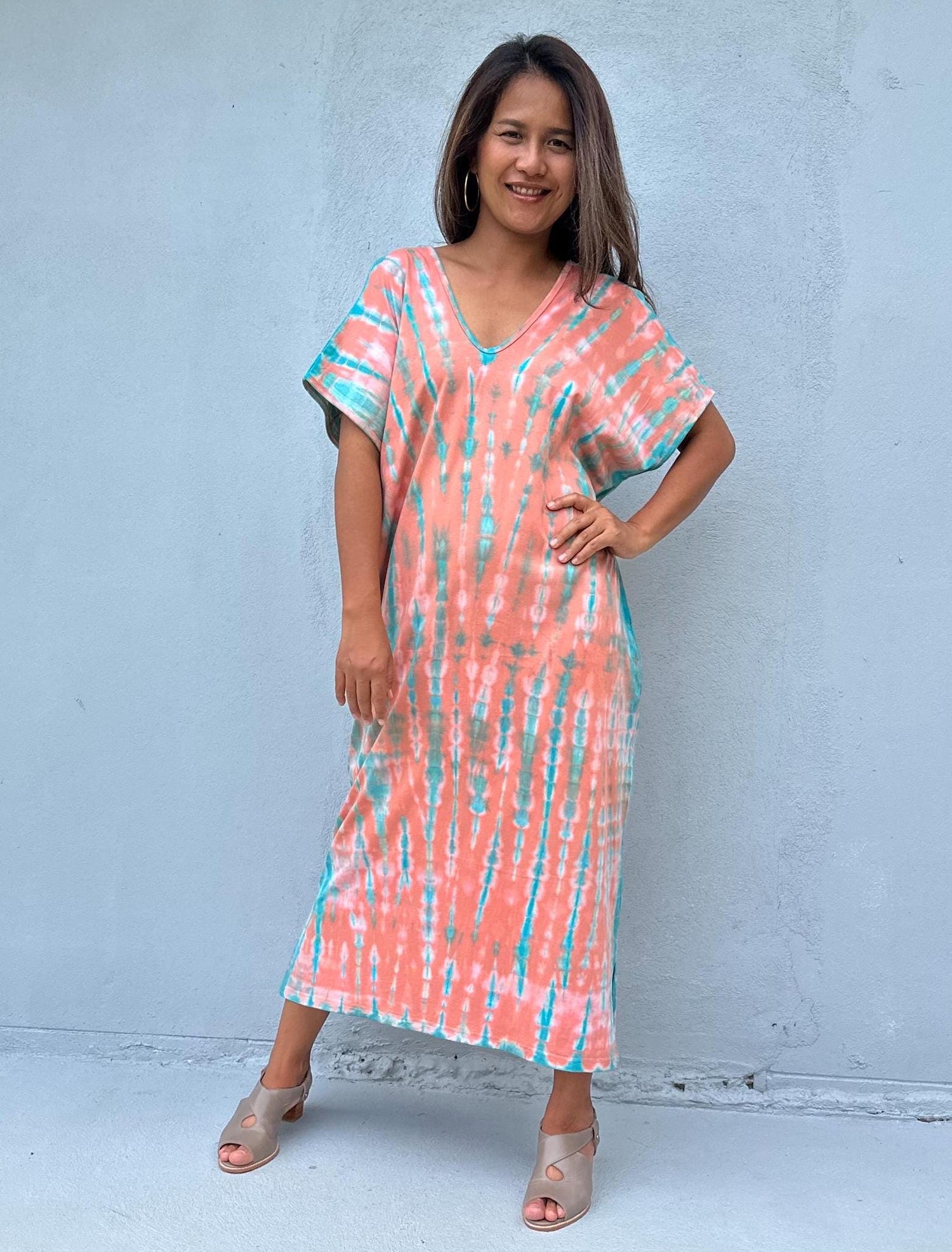 Alisa Petite Cotton Kaftan in Salmon and Aqua Tie Dye