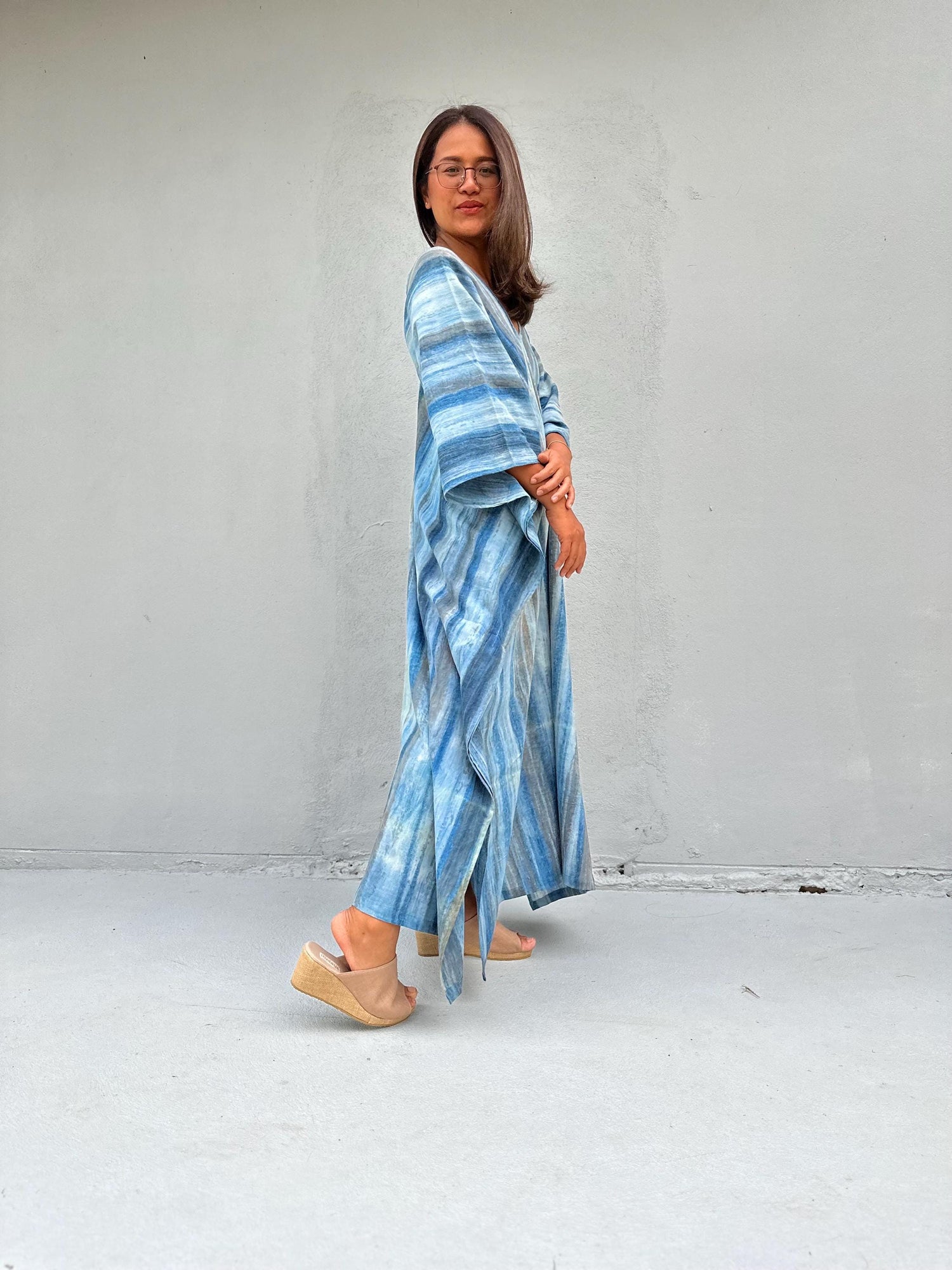 Amina Hand-Painted Double Gauze Cotton Kaftan - Blue Striped Pattern