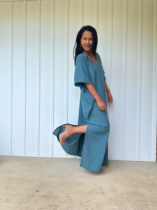 Gloria Double Gauze Cotton Kaftan in Teal Blue