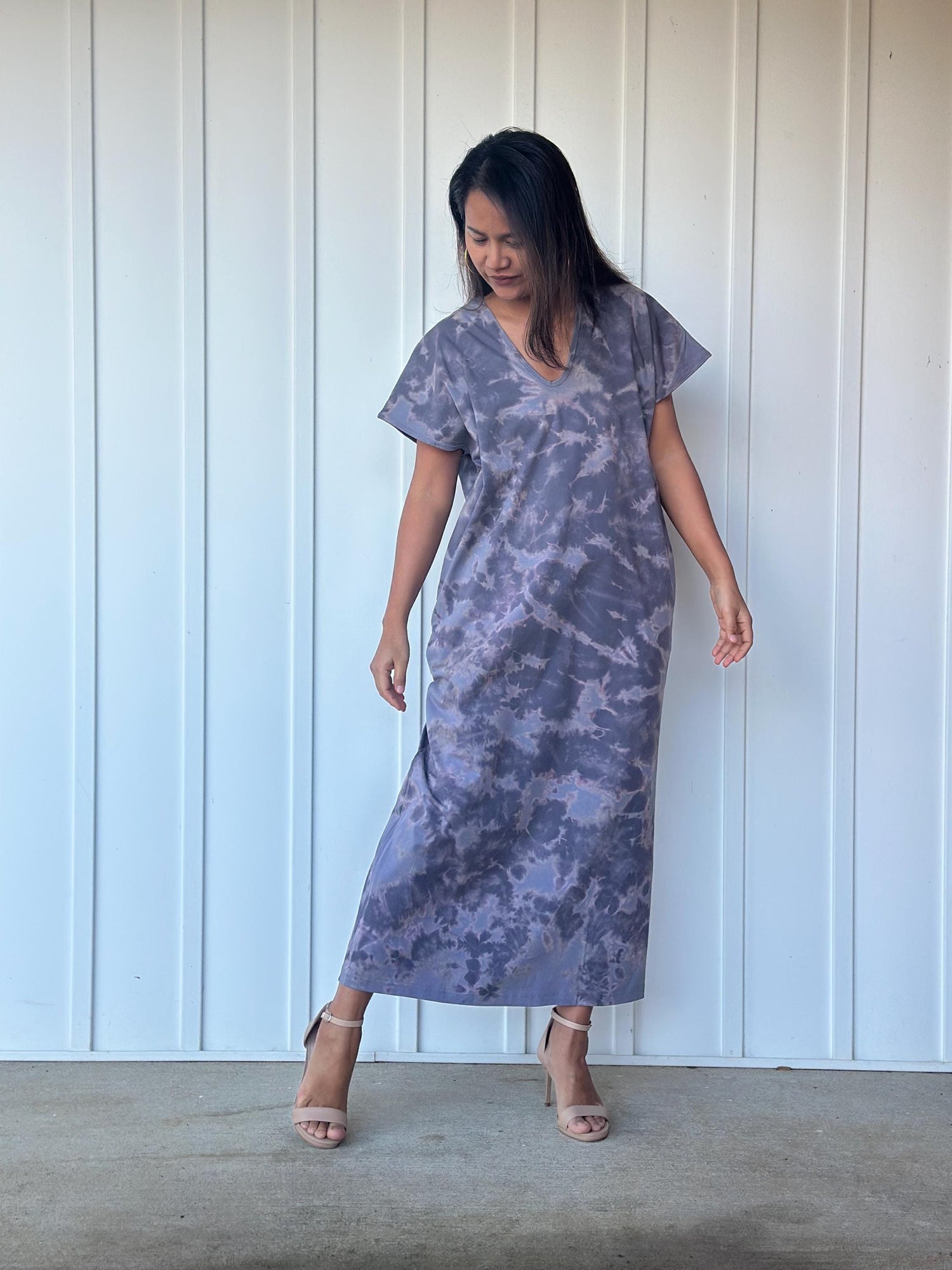 Alisa Petite Cotton Kaftan in Dark Gray Tie Dye