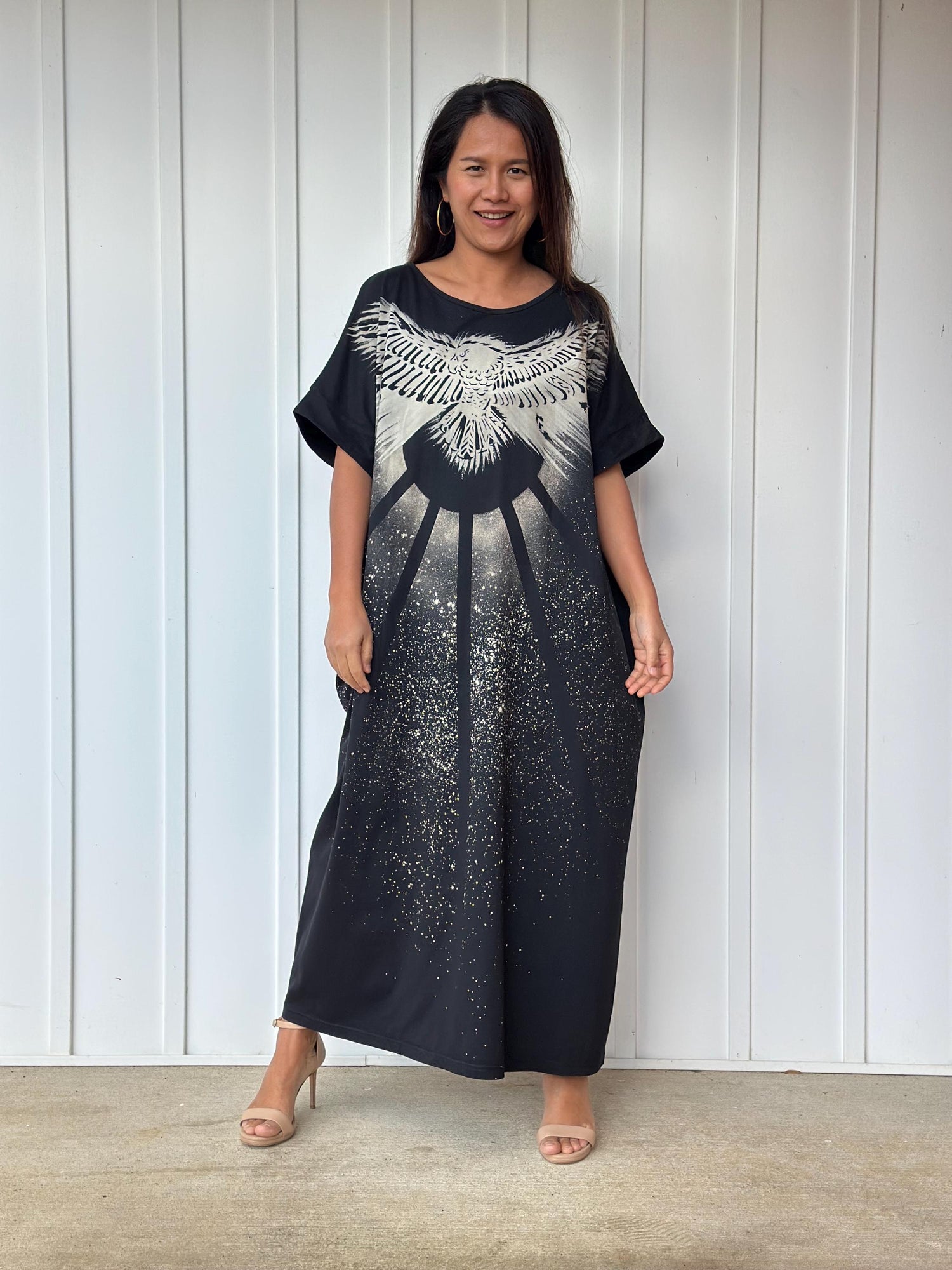Alice Jersey Cotton Kaftan in Black Batik Eagle Design