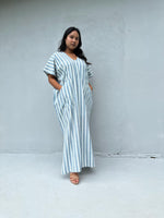 Mala Handworks Daria Hand-Woven Cotton Kaftan in White & Mist Stripe