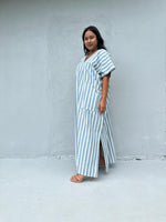 Mala Handworks Daria Hand-Woven Cotton Kaftan in White & Mist Stripe