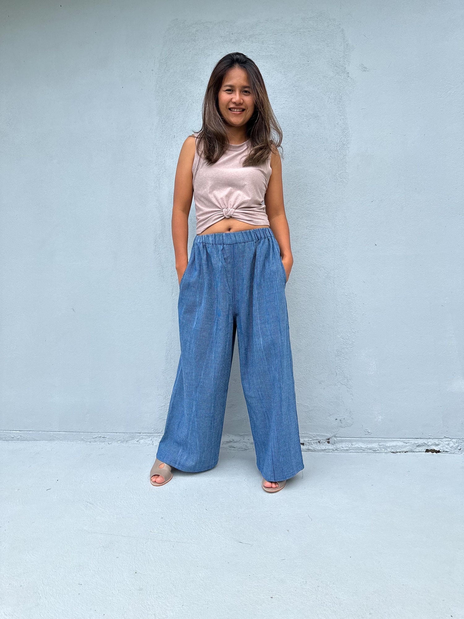 Tala Wide Leg Cotton Pants in Navy Stripes