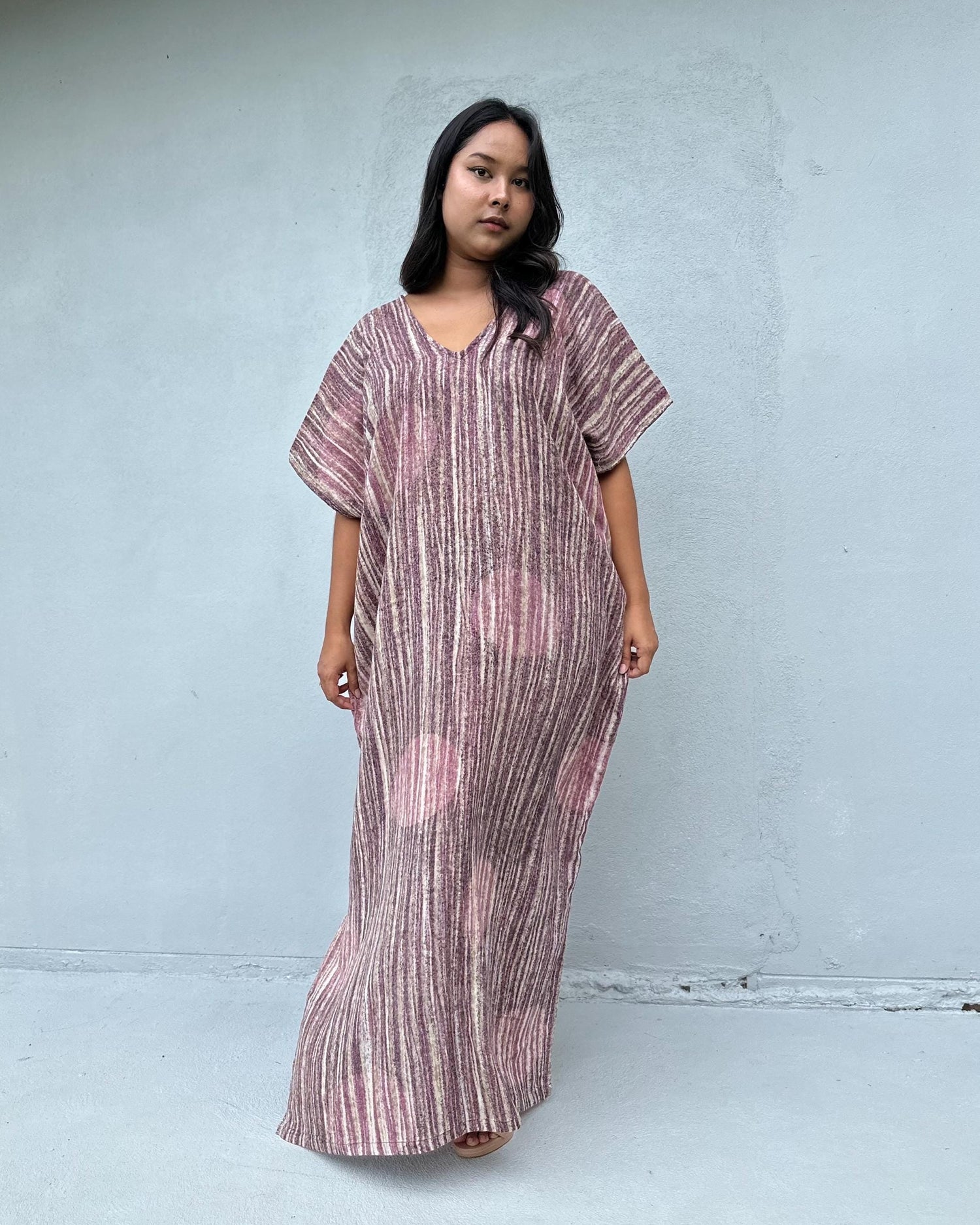 Daria Hand-Painted Cotton Kaftan with Mauve Stripe