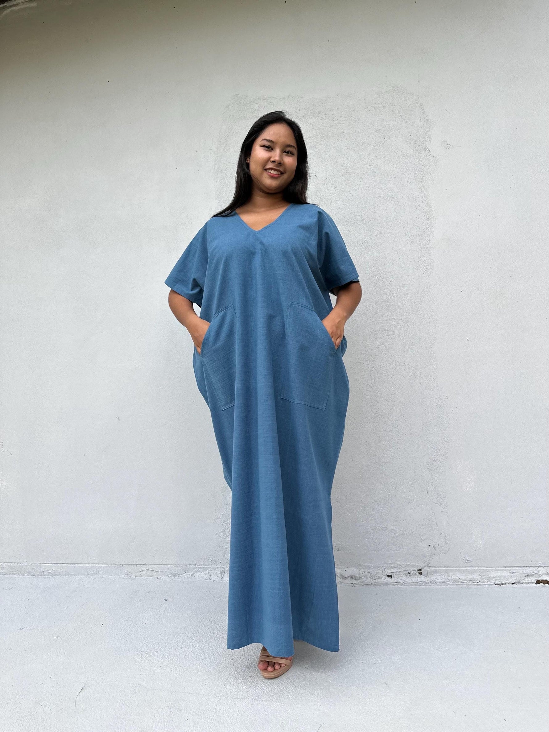 Mala Handworks Daria Hand-Woven Cotton Kaftan in Blue