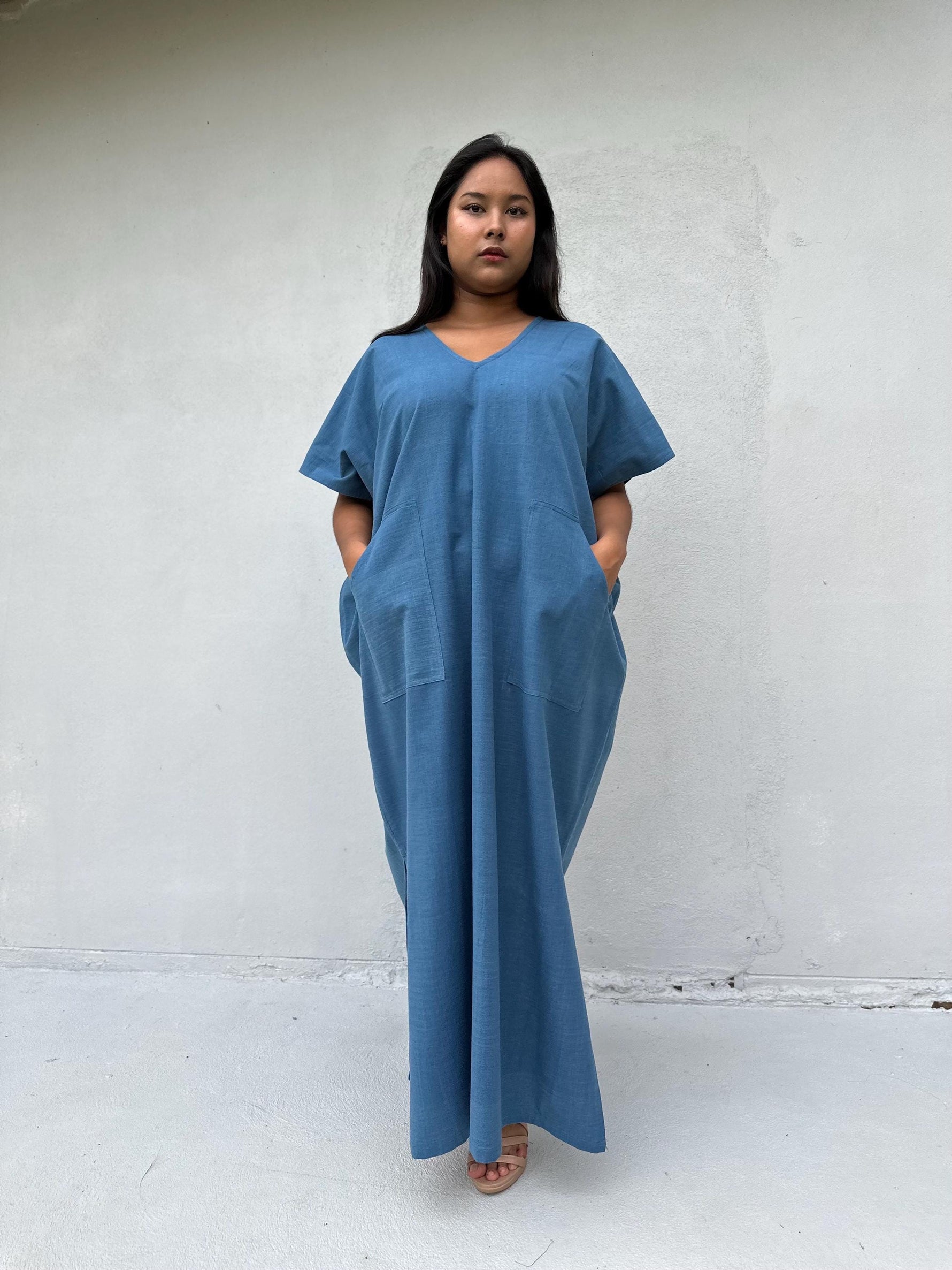 Mala Handworks Daria Hand-Woven Cotton Kaftan in Blue