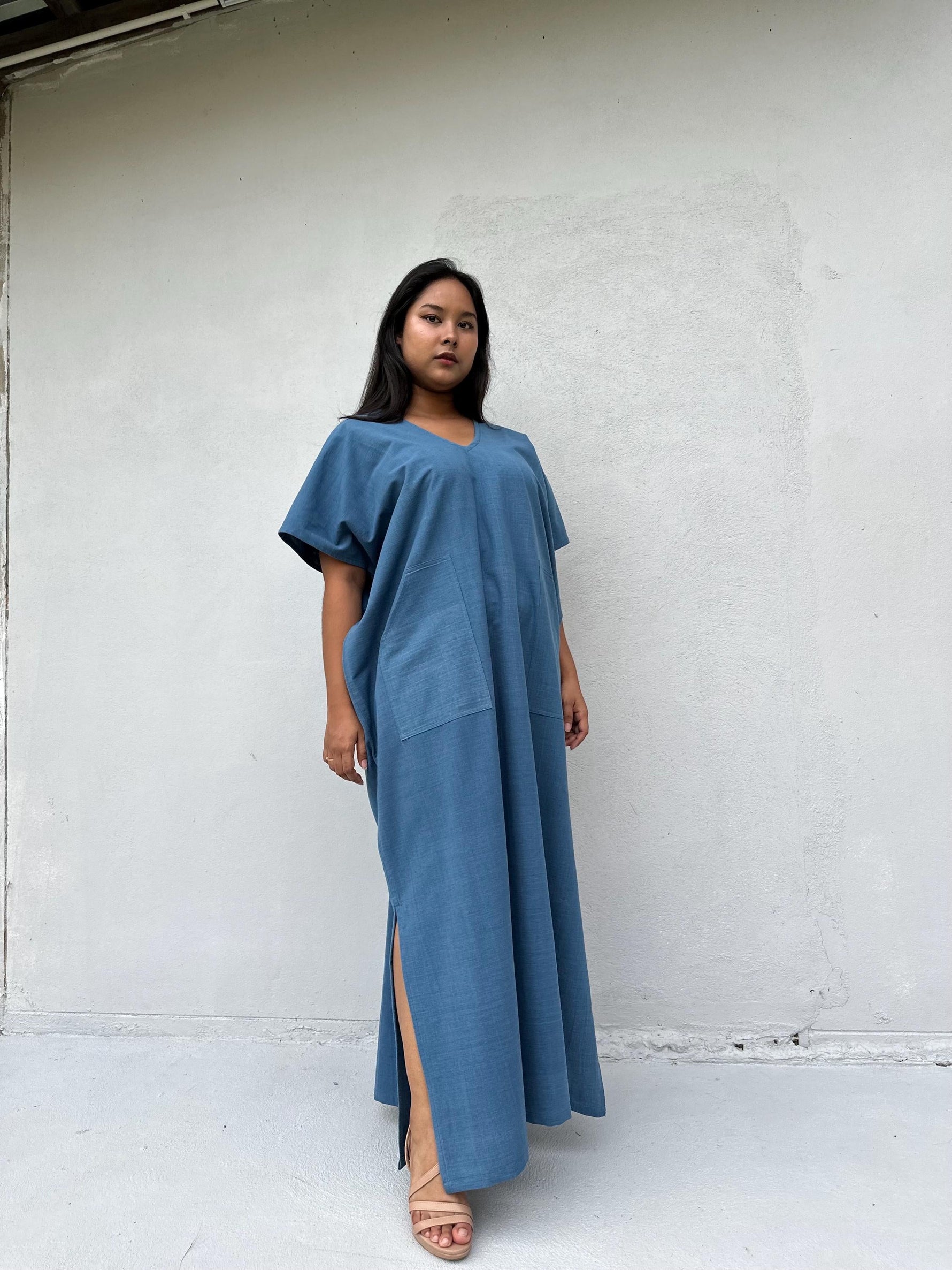Mala Handworks Daria Hand-Woven Cotton Kaftan in Blue